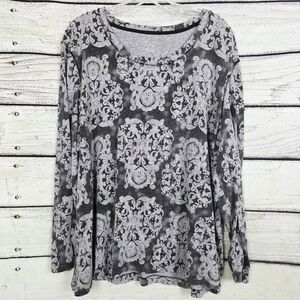 Willow Bay Gray Black Damask Long Sleeve Top 3X